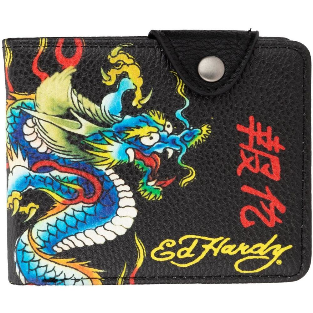 Ed Hardy Men's Dragon Print Snap Closure Bifold Black Wallet